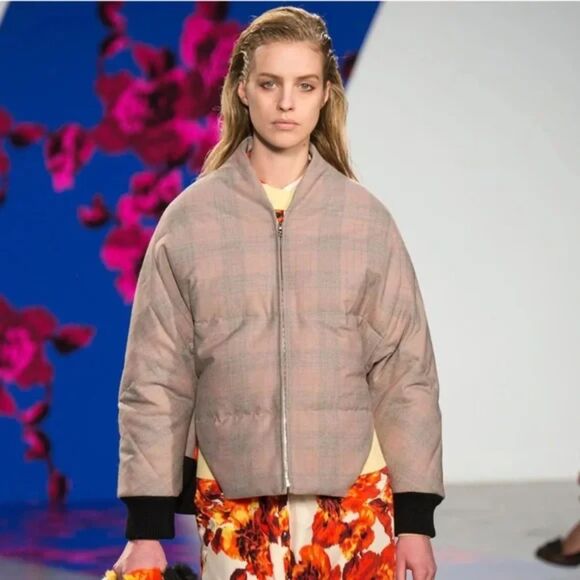 THAKOON Runway Plaid Puffer Bomber Jacket Brown Medium - Picture 2 of 5